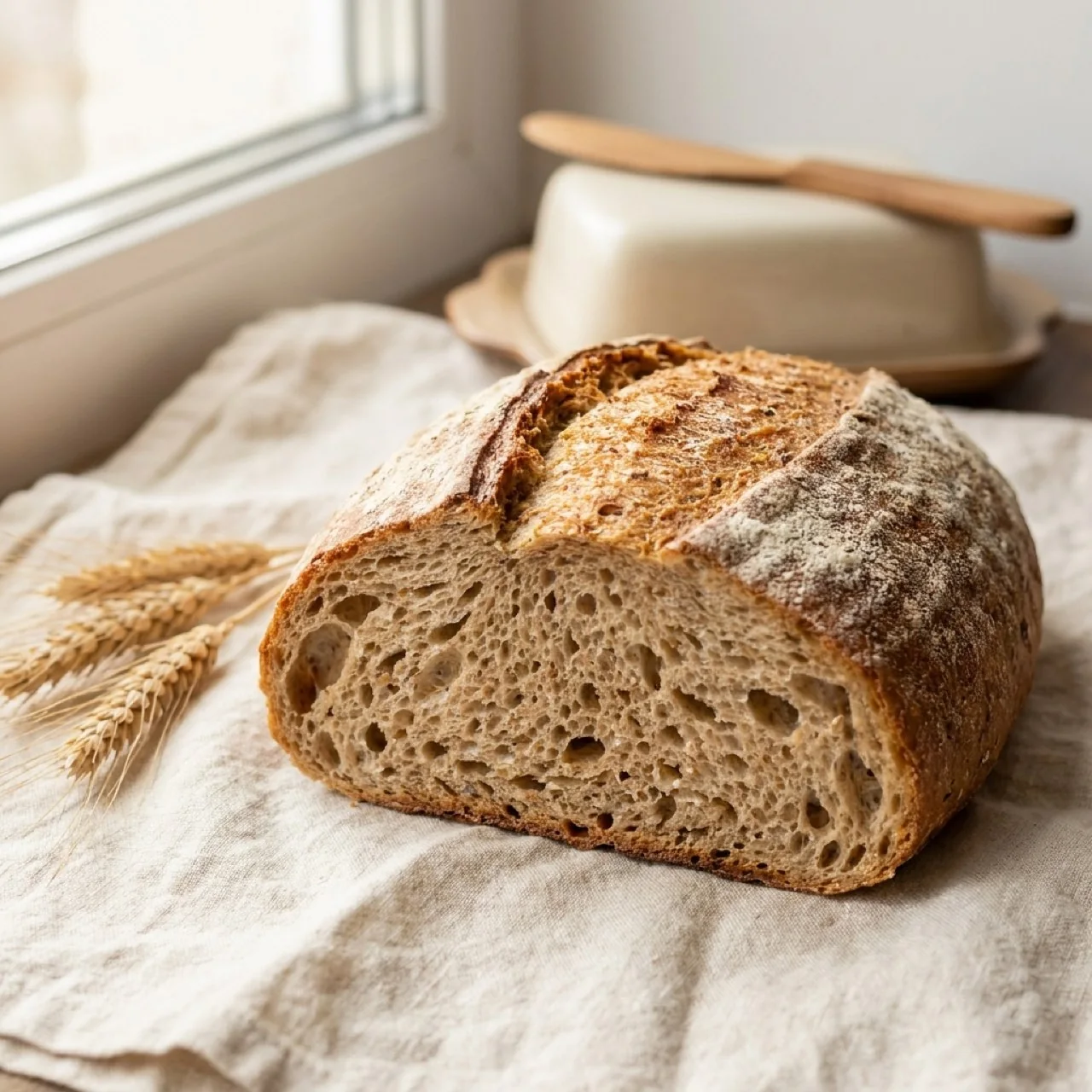 Freshly baked Skinny Bread loaf on linen
